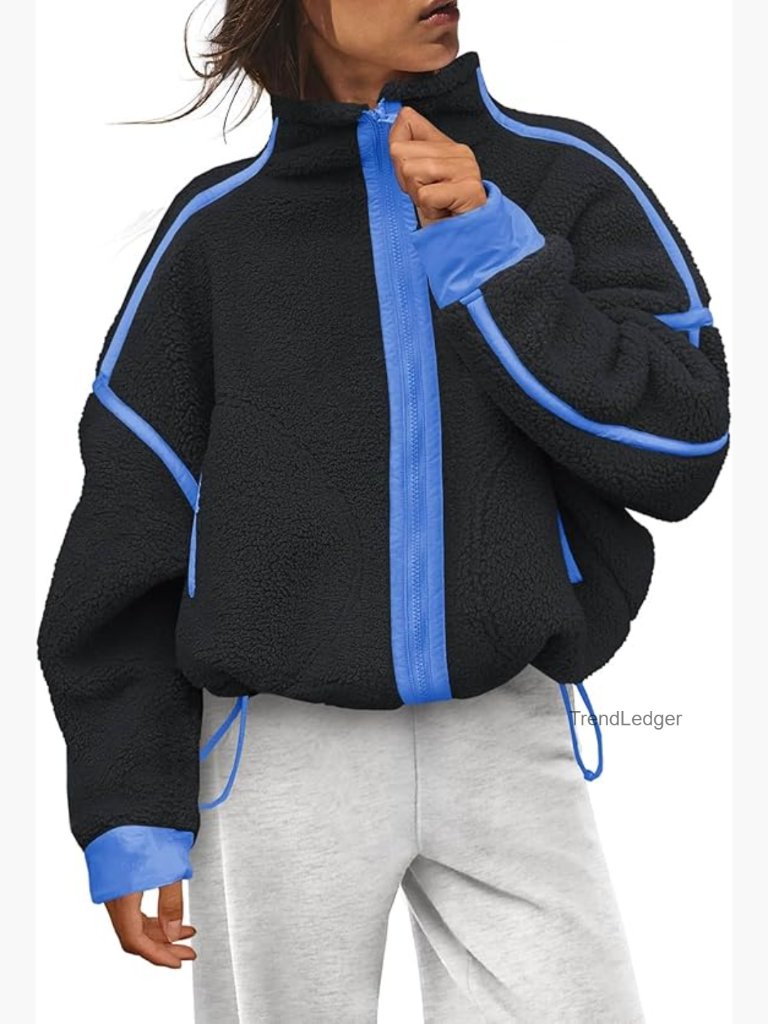 Trendy Sherpa Zip Up Jacket Soft Fleece Casual Outerwear With Pockets